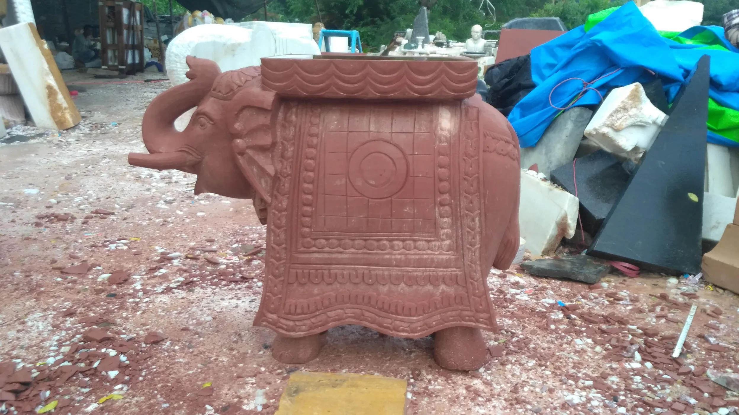 Hand-carved red sandstone elephant