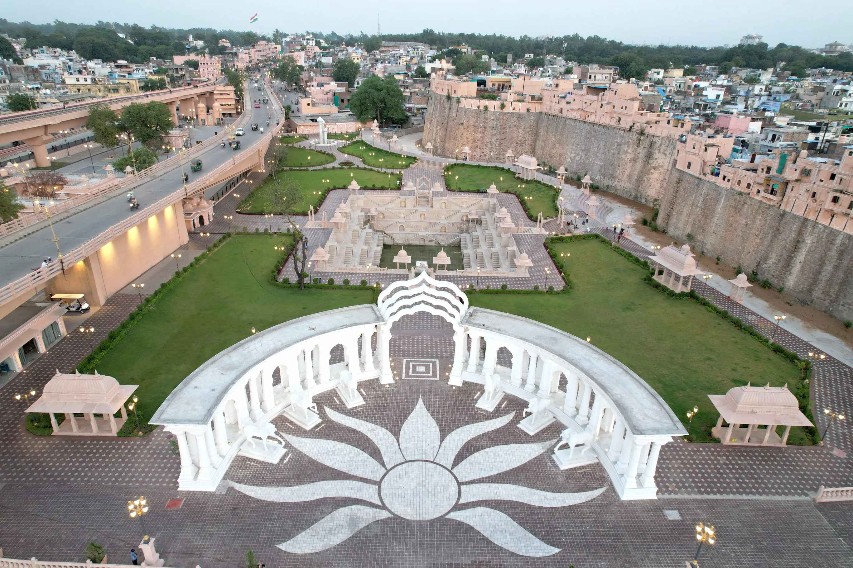 Ornamental stone lotus motif in a garden