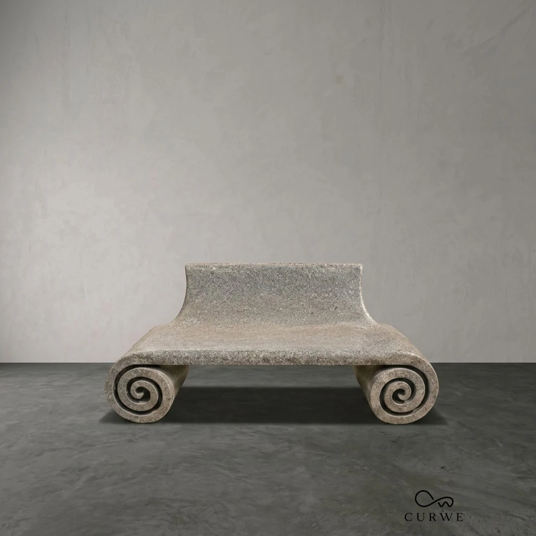 Granite garden bench with carved scroll ends