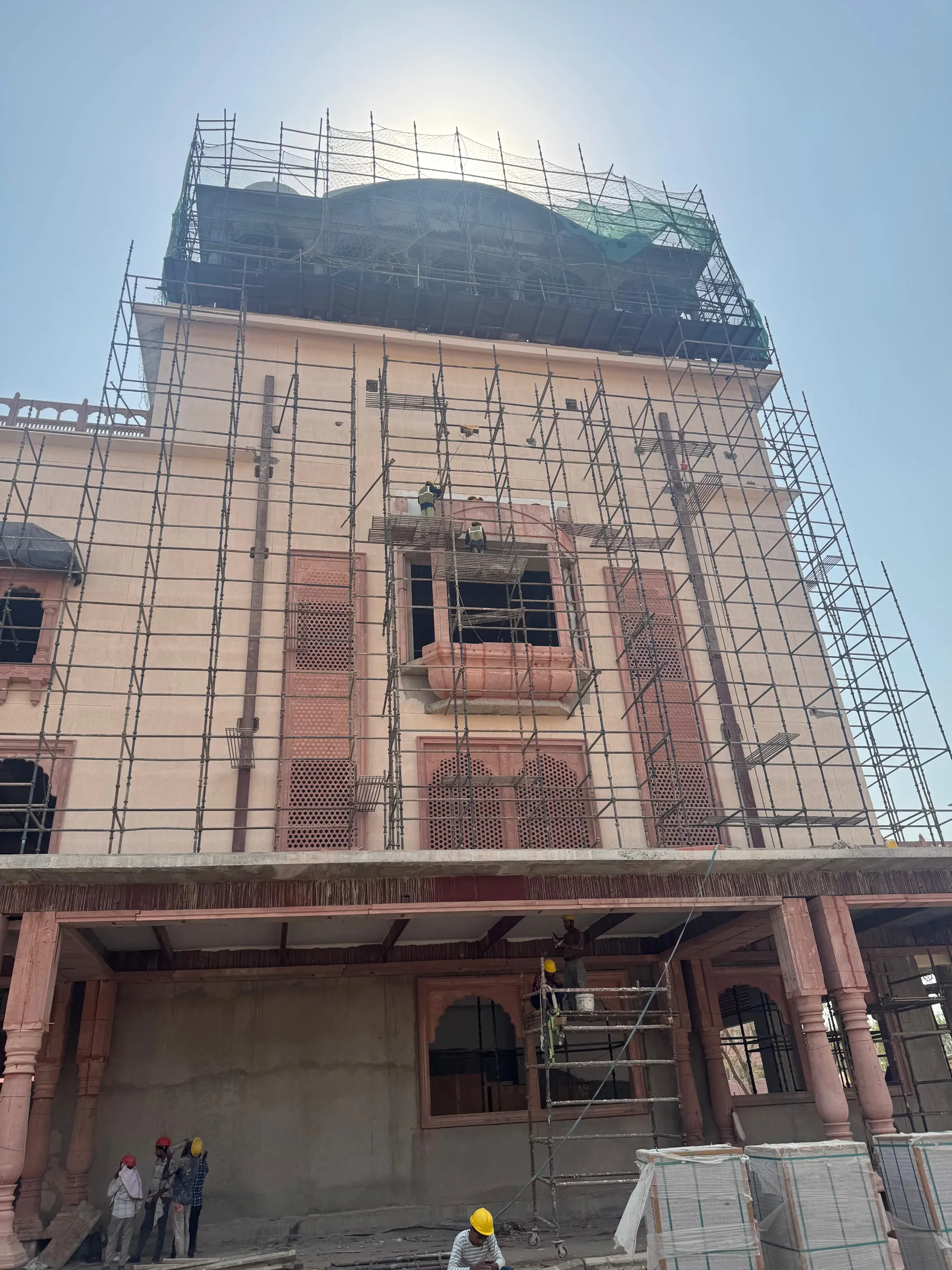 Station façade with sandstone panels on scaffolding – Jaipur Junction Redevelopment, Jaipur