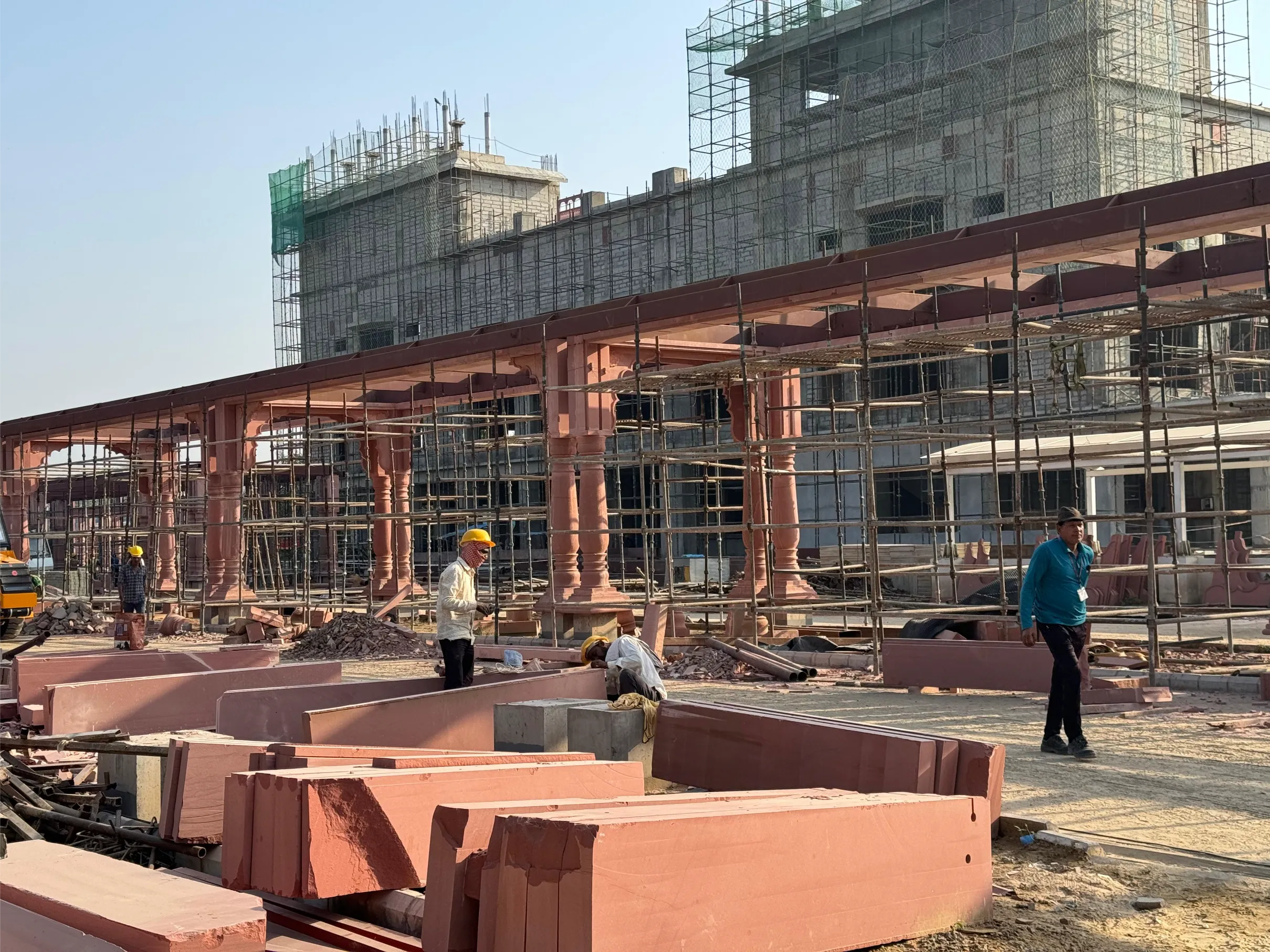 Sandstone canopy frame and stone blocks on site – Jaipur Junction Redevelopment, Jaipur
