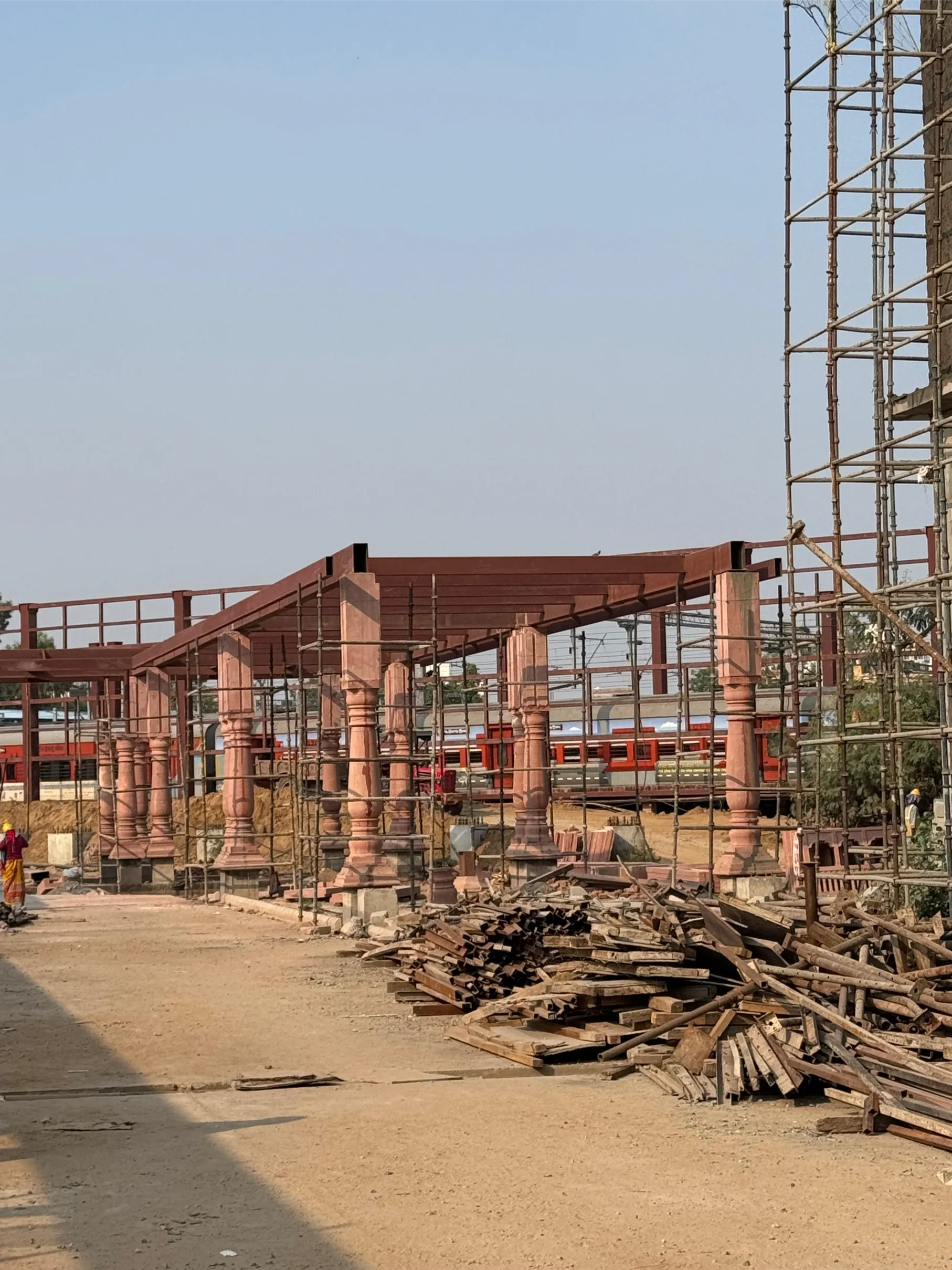 Red sandstone canopy structure under construction – Jaipur Junction Redevelopment, Jaipur