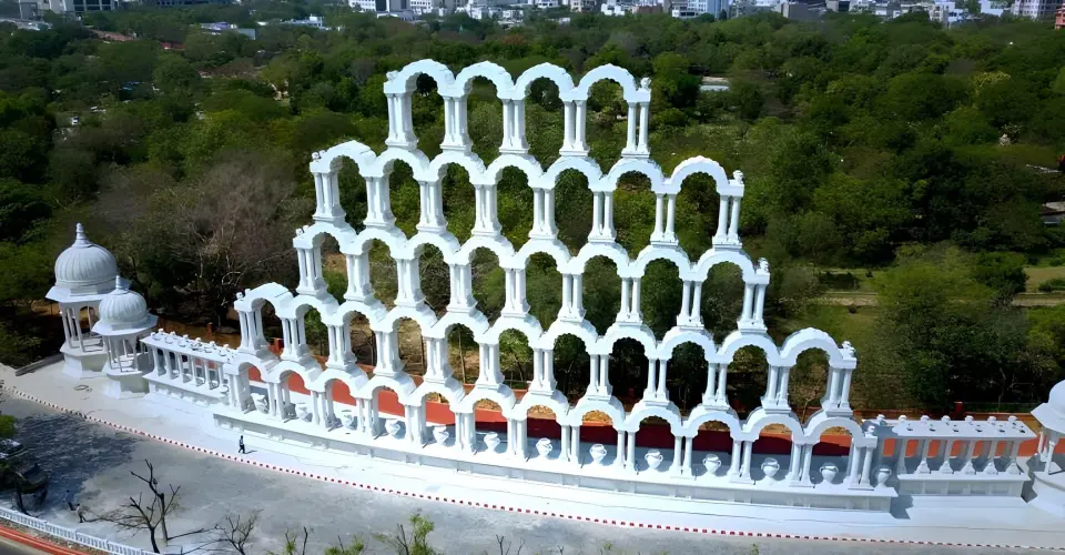Aerial view of the tiered arch gateway and chhatris – Toran Dwar – Gateway of Rajasthan, Jaipur