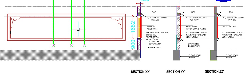 Stone section drawing with dimensions, thicknesses and fixing details
