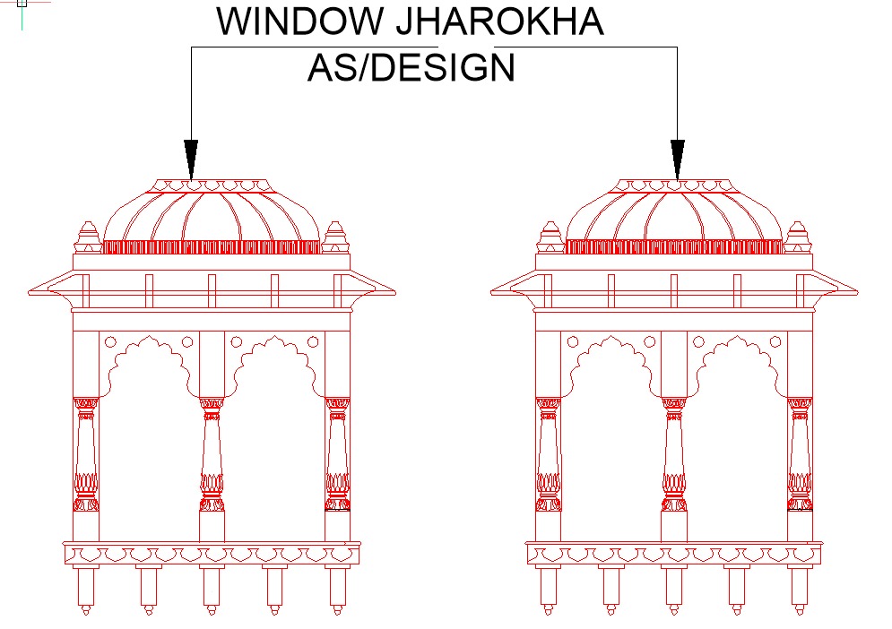 Stone shop drawing of a carved window jharokha elevation