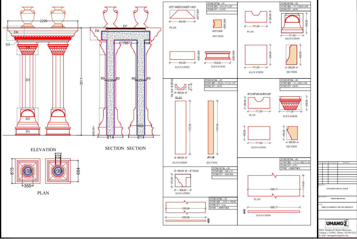 Stone shop drawing with elevation, section and piece-by-piece detailing