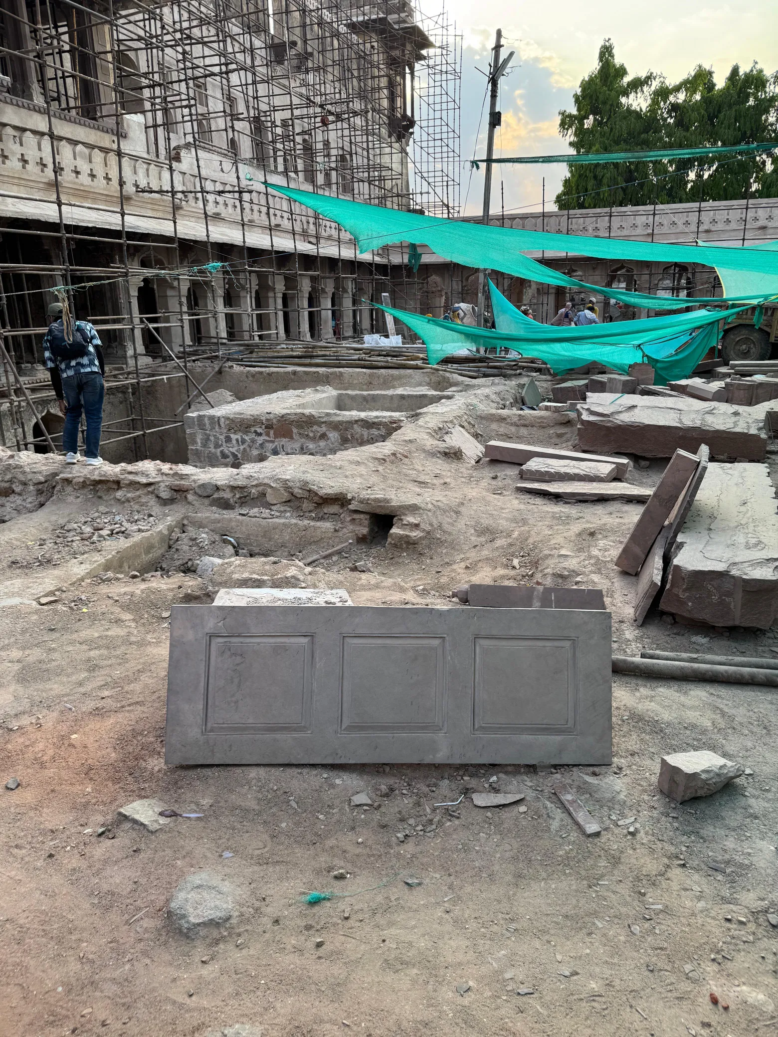 Newly carved panelled stone block ready for a heritage restoration site