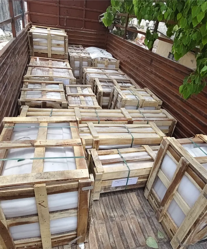 Natural stone packed in a strapped wooden crate, ready for export