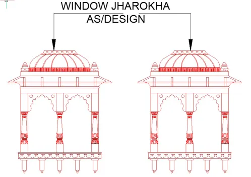 Stone shop drawing of a carved window jharokha elevation